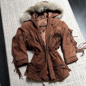 Andrew Marc hooded suede jacket, fringed, whiskey-color, hood edged brown fox.